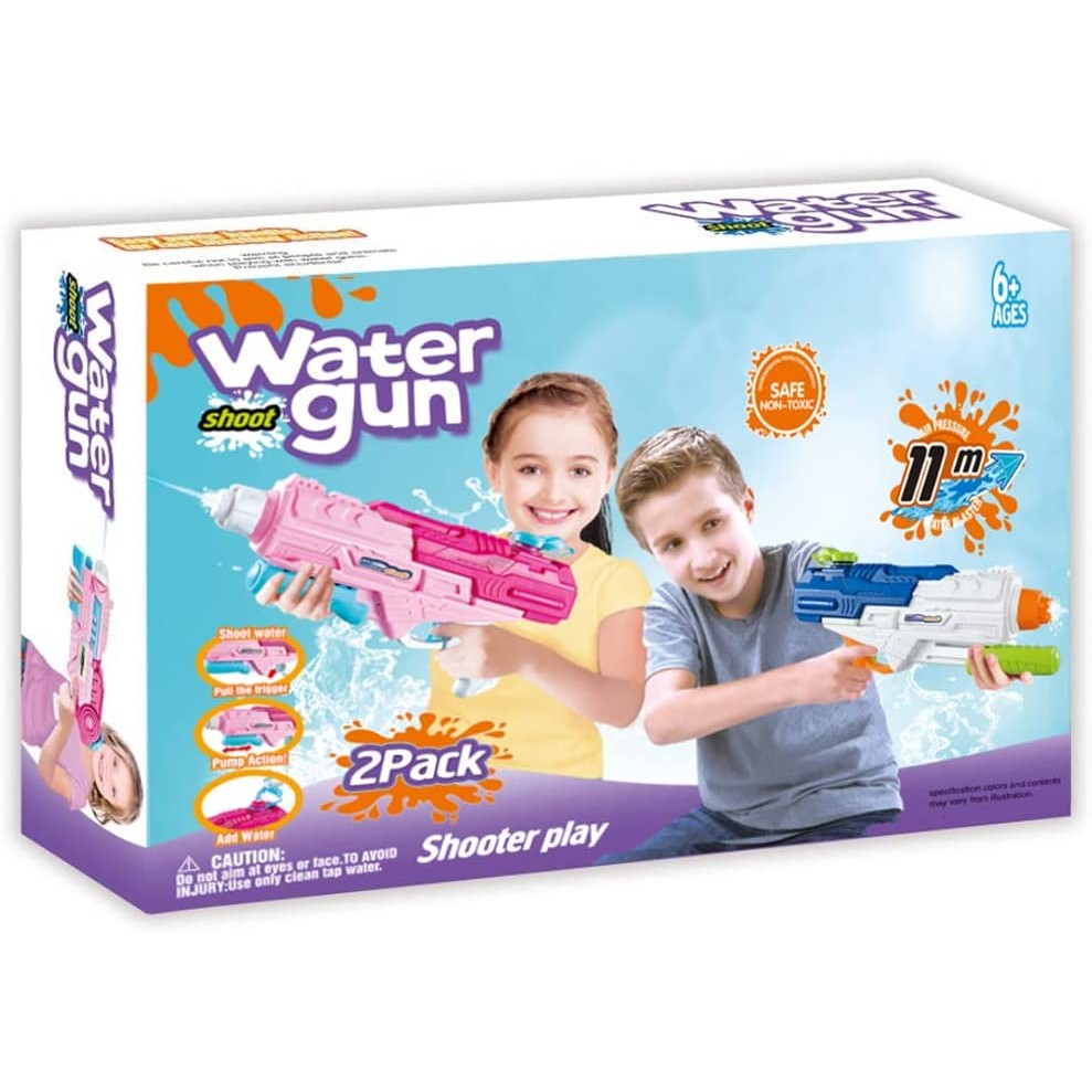 Set 2 Pistoale cu Apa pentru Copii si Adulti, Mecanism cu Pompa si Tragaci, Jucarie Exterior pentru Piscina si Plaja, Capacitate 1200 ML, Roz/Albastru