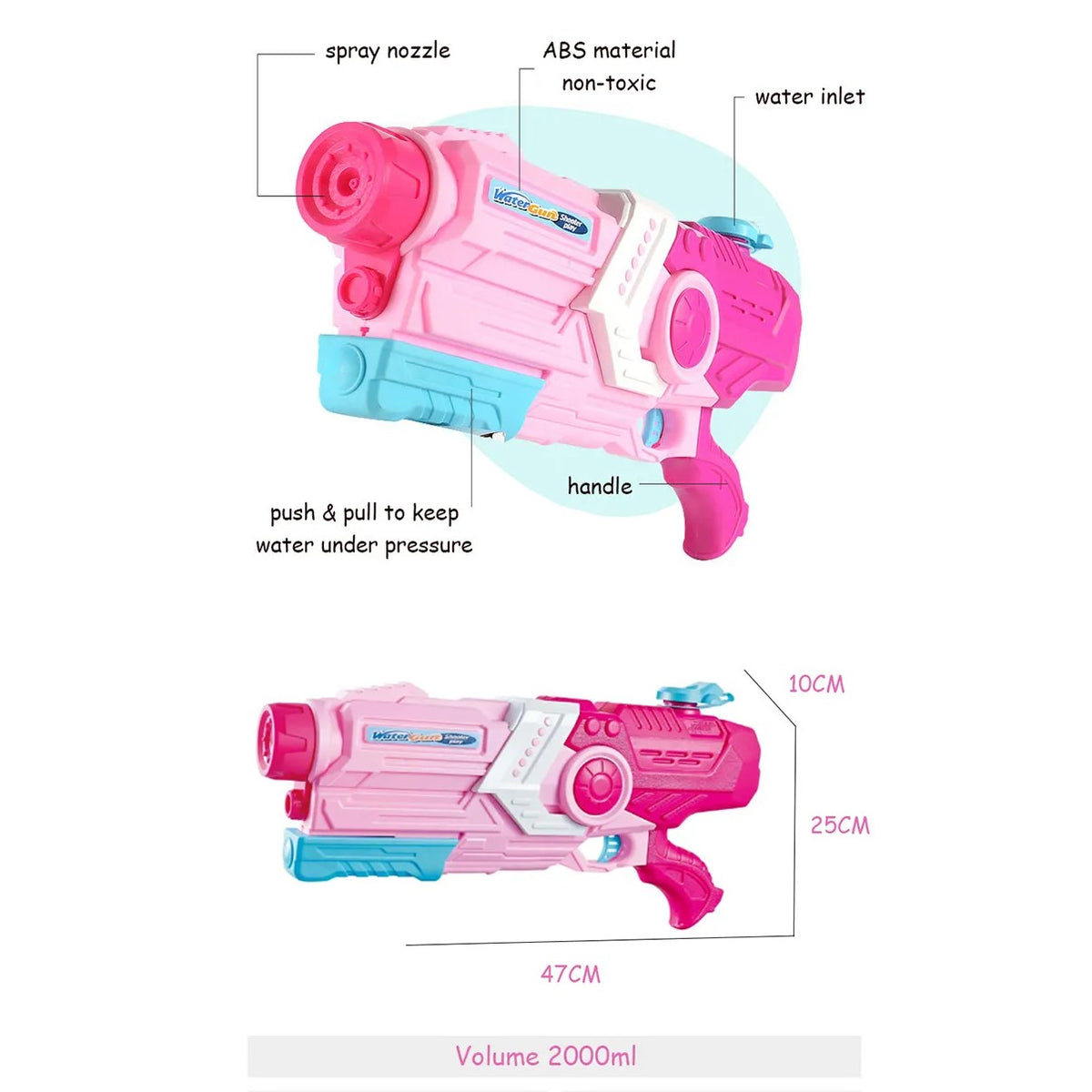 Pistol cu Apa pentru Copii si Adulti, Pompa Inalta Presiune cu Tragaci, Rezervor Mare Anti-Scurgere pentru Piscina si Plaja, 6 Ani+, Roz, 2000 ml