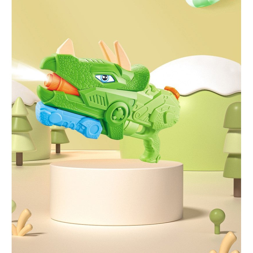 Pistol cu Apa pentru Copii si Adulti, Model Dinozaur Triceratops, 3 Duze de Pulverizare si Pompa de Presiune, pentru Piscina sau Plaja, Rezervor 1330 ml, Verde, Varsta 6 ani+