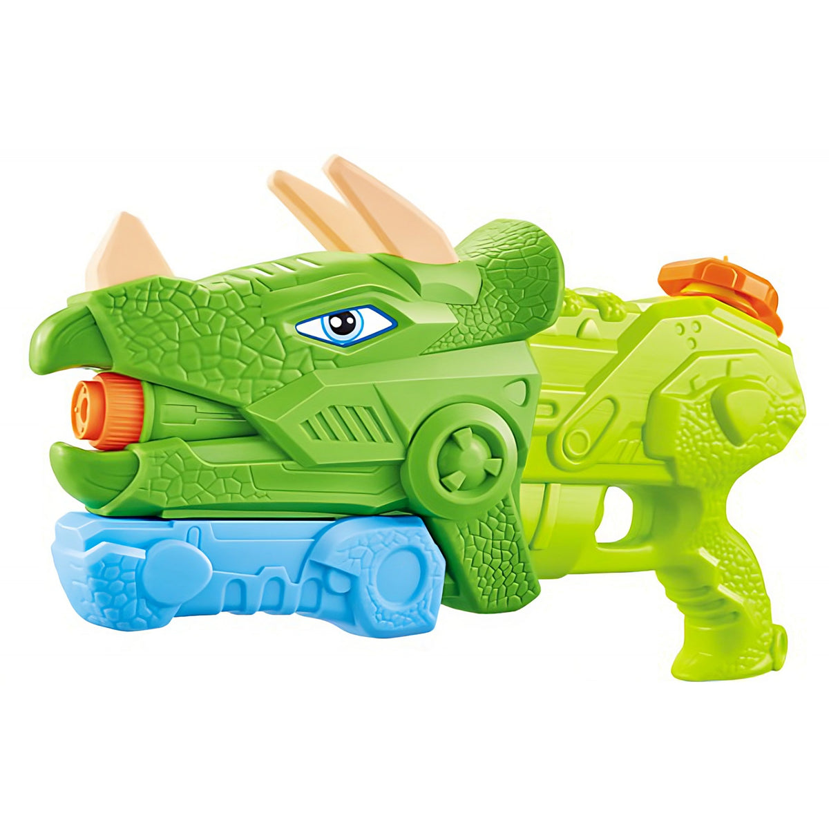 Pistol cu Apa pentru Copii si Adulti, Model Dinozaur Triceratops, 3 Duze de Pulverizare si Pompa de Presiune, pentru Piscina sau Plaja, Rezervor 1330 ml, Verde, Varsta 6 ani+