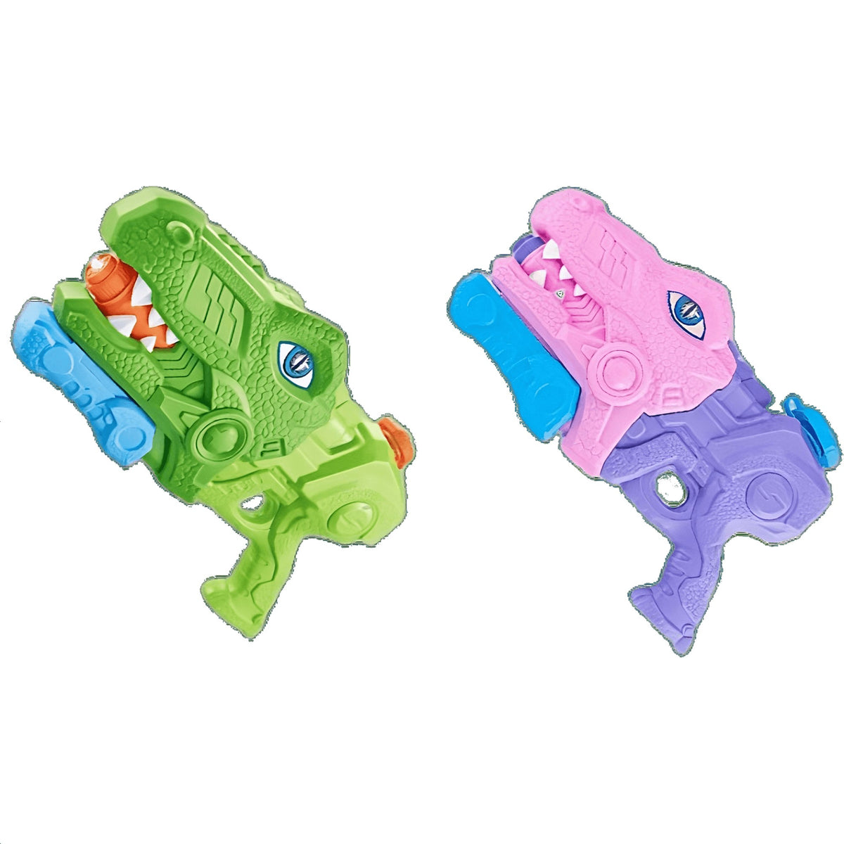 Set 2 Pistoale cu Apa pentru Copii, Model Dinozaur Tiranozaur, Pompa cu Inalta Presiune, pentru Piscina si Plaja, 660 ML, Roz si Verde, Varsta 6 Ani+