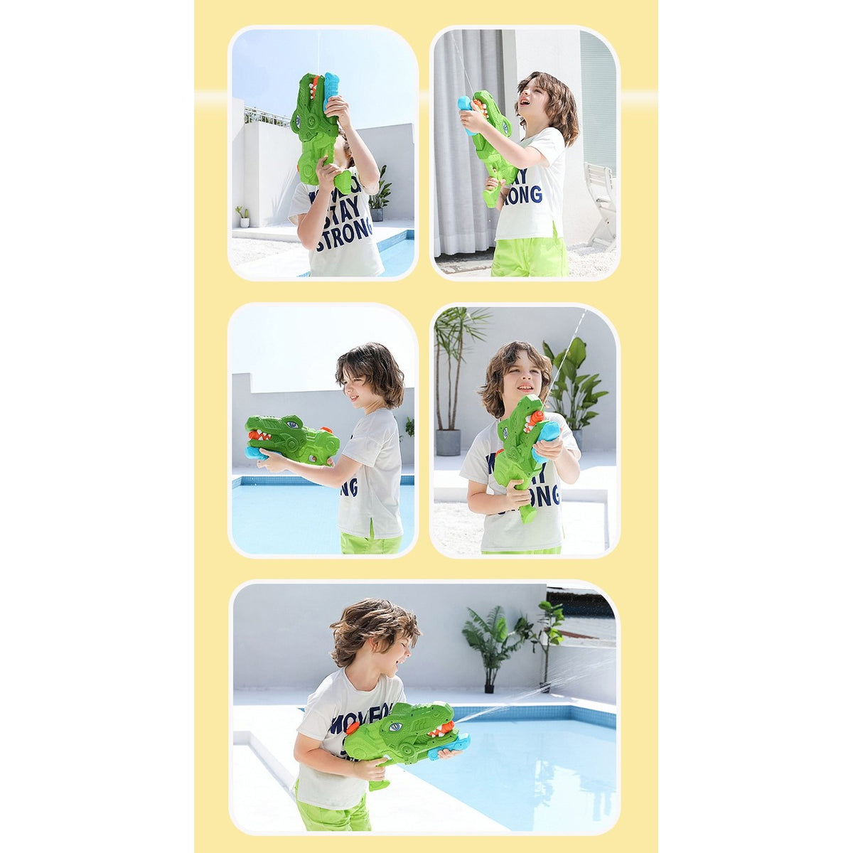 Set 2 Pistoale cu Apa pentru Copii, Model Dinozaur Tiranozaur, Pompa cu Inalta Presiune, pentru Piscina si Plaja, 660 ML, Roz si Verde, Varsta 6 Ani+