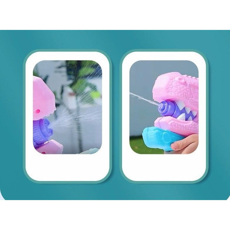 Set 2 Pistoale cu Apa pentru Copii, Model Dinozaur Tiranozaur, Pompa cu Inalta Presiune, pentru Piscina si Plaja, 660 ML, Roz si Verde, Varsta 6 Ani+