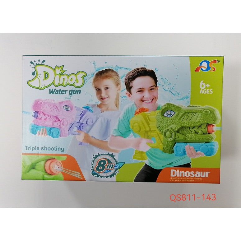 Set 2 Pistoale cu Apa pentru Copii, Model Dinozaur Tiranozaur, Pompa cu Inalta Presiune, pentru Piscina si Plaja, 660 ML, Roz si Verde, Varsta 6 Ani+