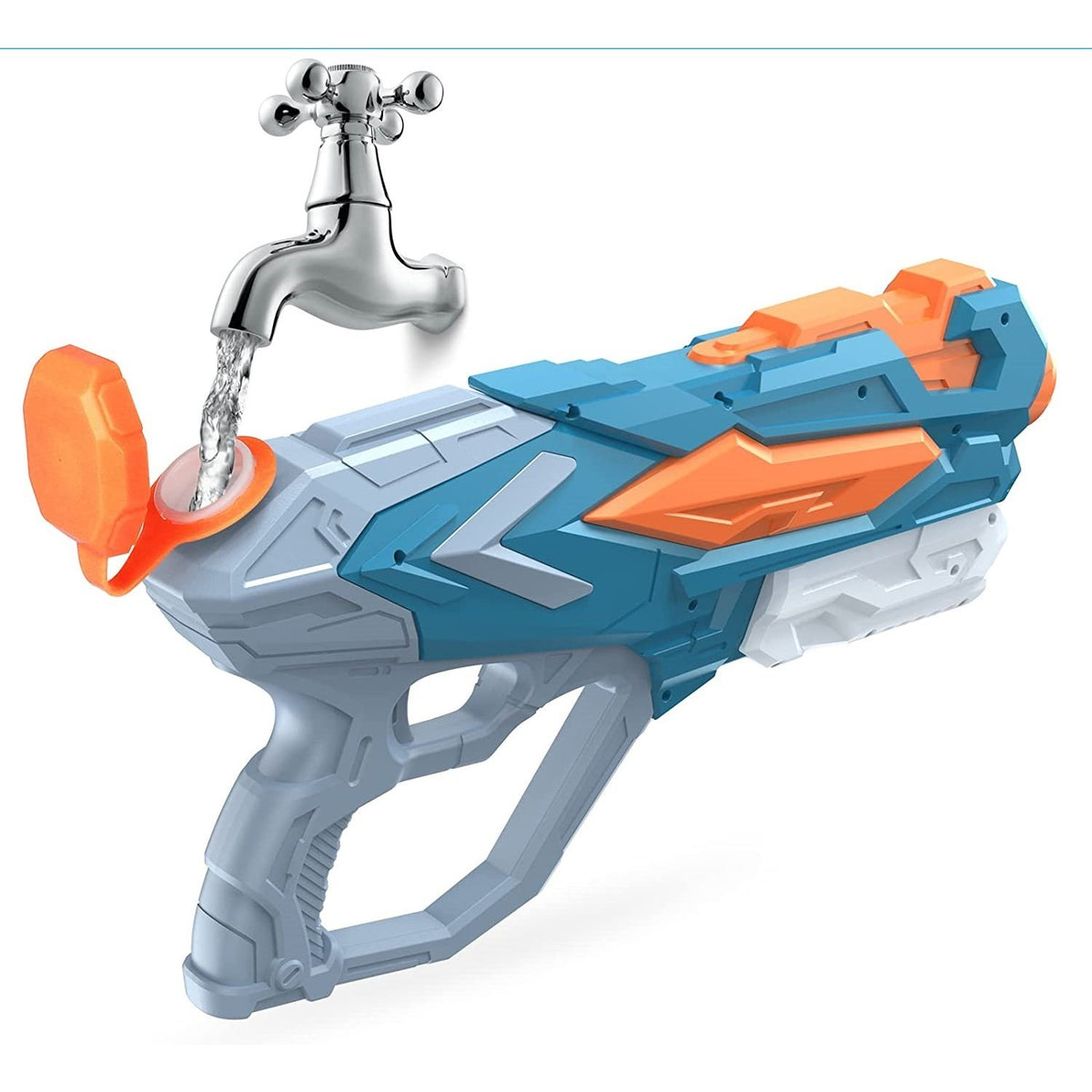 Pistol cu Apa pentru Copii si Adulti, Mecanism cu Pompa de Inalta Presiune si 4 Duze, Rezistent la Scurgeri, pentru Piscina sau Plaja, Albastru, 900 ml, 6 Ani+