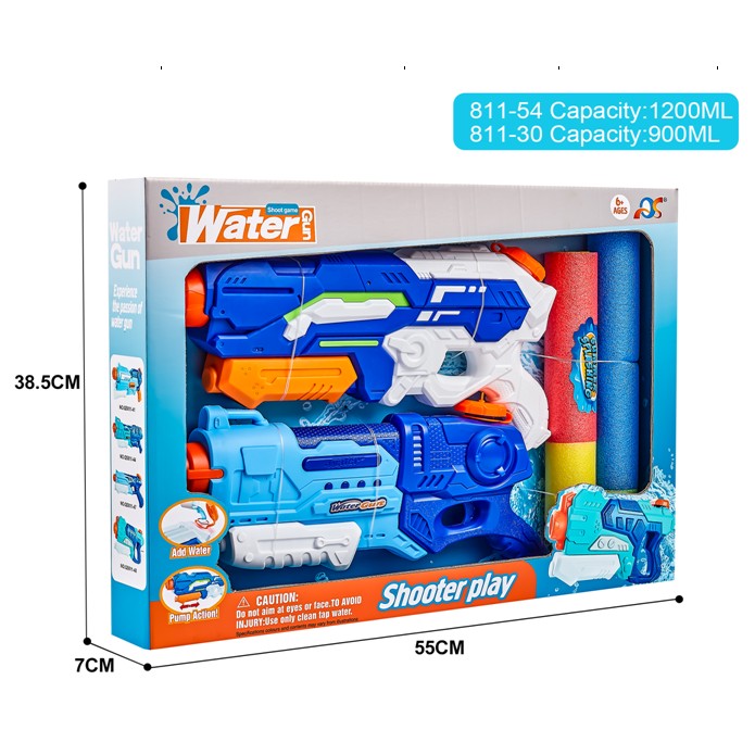 Pistol cu Apa pentru Copii si Adulti, Set 2 Bucati cu Pompa de Inalta Presiune si Rezervor Mare, Jucarie de Vara pentru Piscina sau Plaja, 6 Ani+, Albastru, 1200 ml si 900 ml