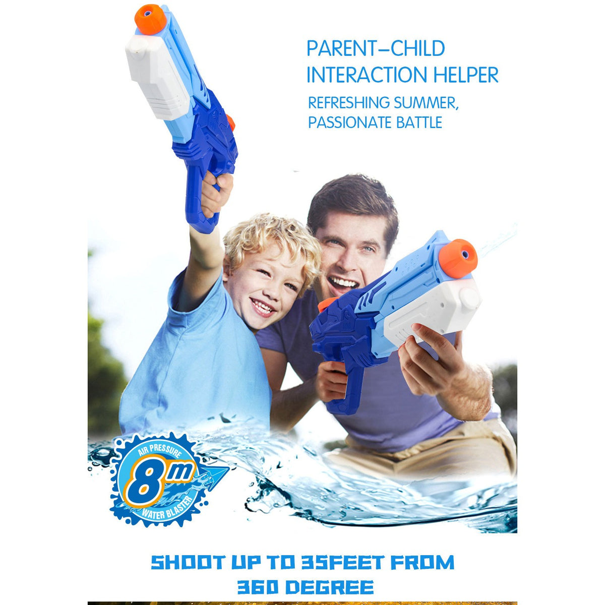 Pistol cu Apa pentru Copii si Adulti, Mecanism cu Pompa de Inalta Presiune pentru Piscina sau Plaja, Rezervor Anti-Scurgere, Albastru, 600 ml
