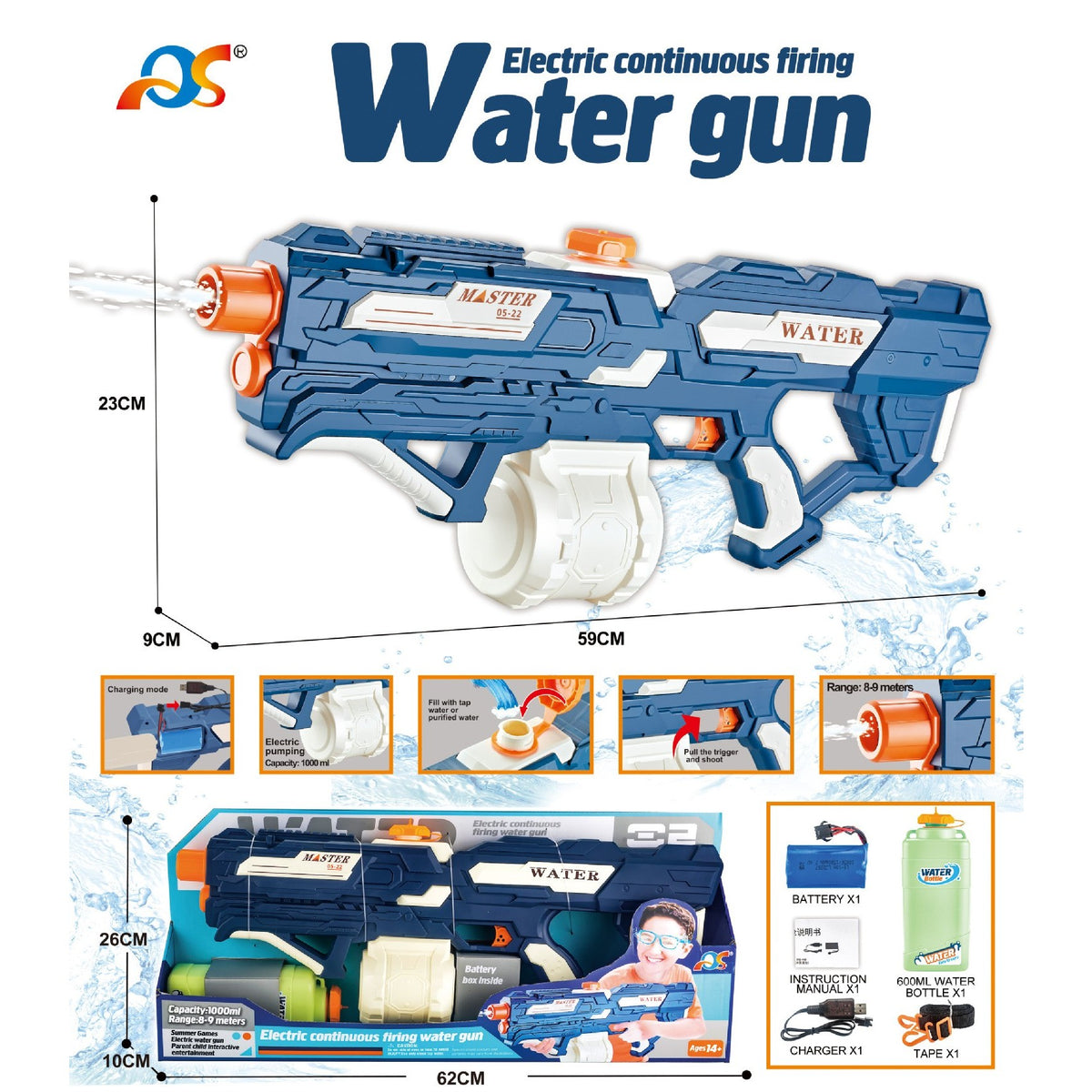 Pistol cu Apa Electric pentru Copii si Adulti, Jet Automat Burst, Acumulator Reincarcabil 1200mAh, Rezervor 600ml, 6 ani+, Albastru/Alb