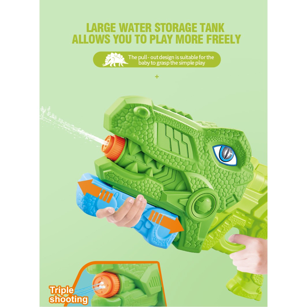 Pistol cu Apa pentru Copii si Adulti, Model Tiranozaur cu 3 Duze si Pompa Inalta Presiune, Jucarie Exterior pentru Piscina si Plaja, Verde, 660 ml