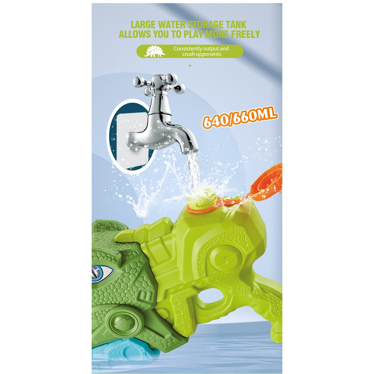 Pistol cu Apa pentru Copii si Adulti, Model Dinozaur Triceratops cu 3 Duze, Pompa de Inalta Presiune, pentru Piscina sau Plaja, Rezervor 640 ml, Verde, Varsta 6 ani+