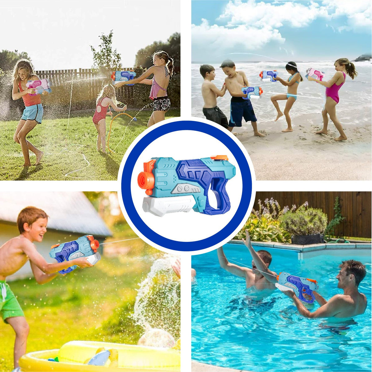 Pistol cu Apa pentru Copii si Adulti, Set 3 Bucati cu Pompa de Inalta Presiune, Jucarie Exterior pentru Piscina si Plaja, Rezistent la Scurgeri, Albastru, 1500 ml, 500 ml, 300 ml