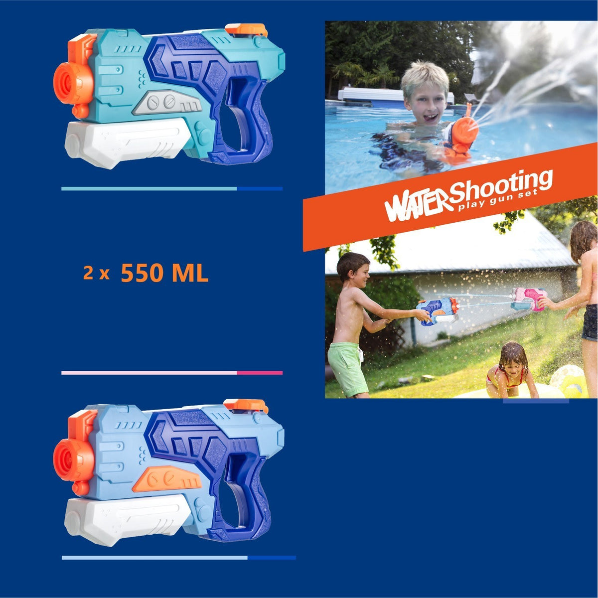Set 4 Pistoale cu Apa pentru Copii si Adulti, Mecanism cu Pompa de Inalta Presiune, Jucarii Exterior pentru Piscina si Plaja, Multicolor, Set 4 Bucati, 2x 550 ml + 2x 300 ml