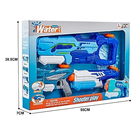 Set 3 Pistoale cu Apa pentru Copii si Adulti, Mecanism cu Pompa de Inalta Presiune si Tragaci, Jucarie de Vara pentru Piscina si Plaja, Albastru, 3 Bucati, 1 x 1000 ml + 2 x 300 ml