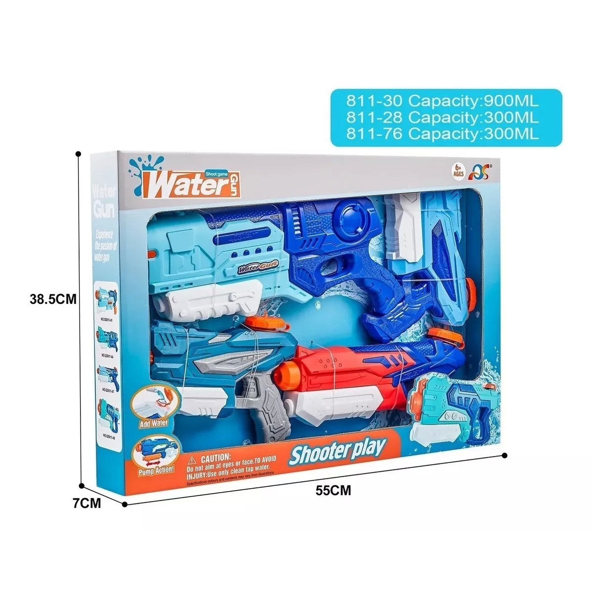 Pistol cu Apa pentru Copii si Adulti, Mecanism cu Pompa de Inalta Presiune si Tragaci, Jucarie de Vara pentru Piscina sau Plaja, Set 4 Bucati, 1x 900 ml + 3x 300 ml, Multicolor