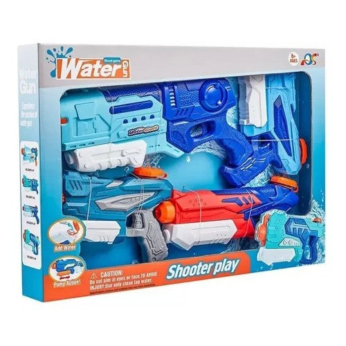 Pistol cu Apa pentru Copii si Adulti, Mecanism cu Pompa de Inalta Presiune si Tragaci, Jucarie de Vara pentru Piscina sau Plaja, Set 4 Bucati, 1x 900 ml + 3x 300 ml, Multicolor