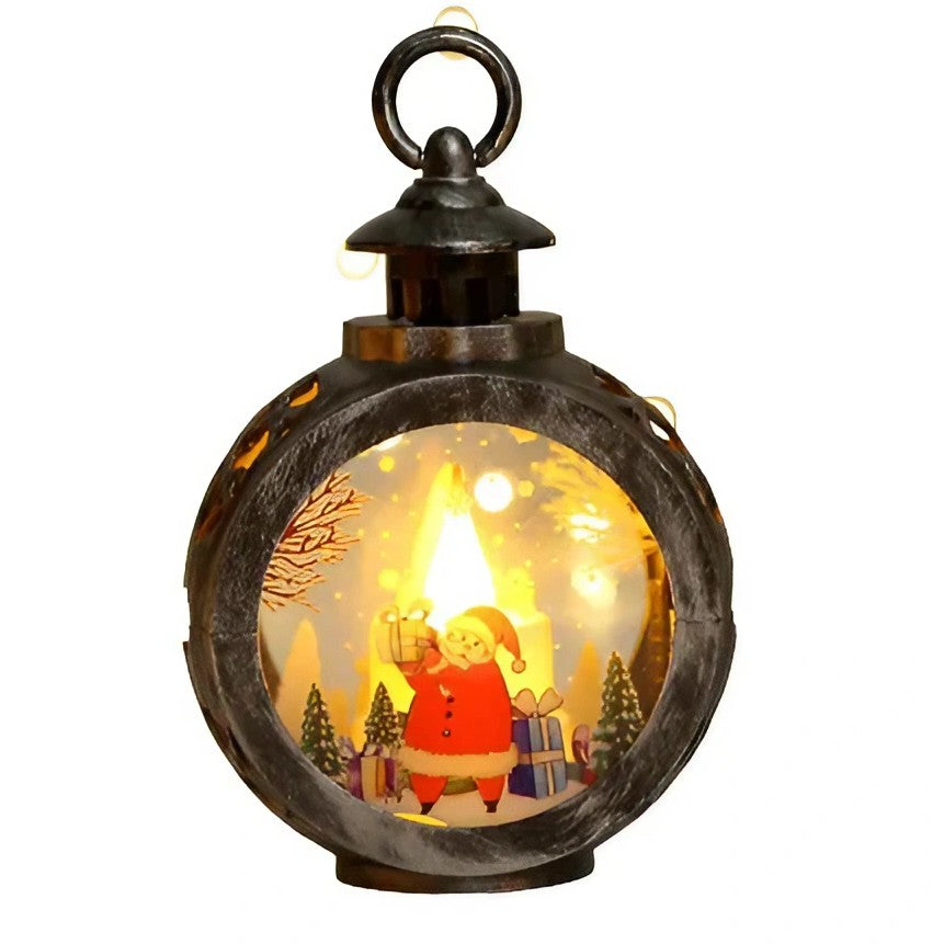 Felinar Decorativ de Craciun cu LED, Lumanare Interioara si Inscriptie Mos Craciun, Lumina Alb Cald, Plastic si Sticla, Baterii Incluse, 13.5 x 9 cm, Bronz Argintiu