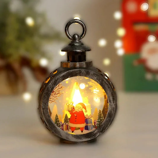 Felinar Decorativ de Craciun cu LED, Lumanare Interioara si Inscriptie Mos Craciun, Lumina Alb Cald, Plastic si Sticla, Baterii Incluse, 13.5 x 9 cm, Bronz Argintiu