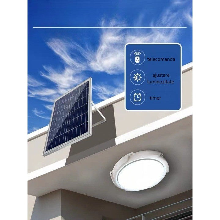 Plafoniera Solara 100W, Lampa LED de Interior si Exterior cu Telecomanda, Panou Solar 6V, 120 LED-uri, Flux Luminos 9000 lm, Cablu 4.6 m, Lumina Alba Rece 6000K, Diametru 240 mm