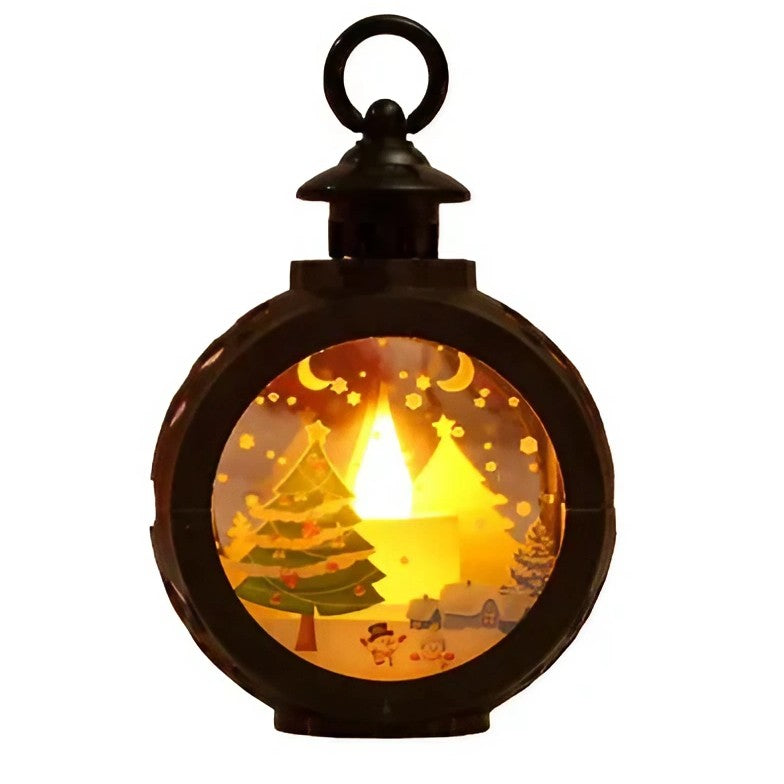 Felinar Decorativ de Craciun cu Lumanare LED, Geam cu Inscriptie Brad, Lumina Alb Cald, Baterii Incluse, Plastic si Sticla, 13.5 x 9 cm, Negru