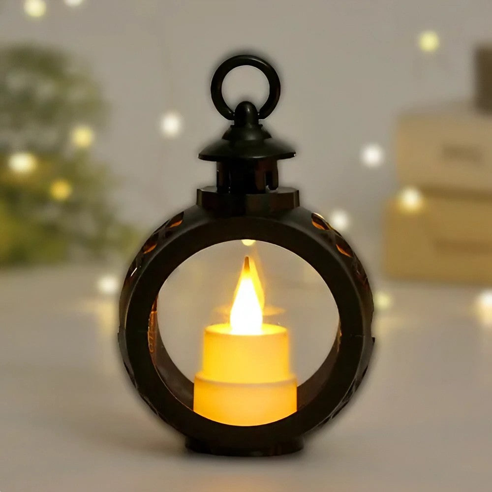 Felinar Decorativ de Craciun cu Lumanare LED, Lumina Alba Calda, Design fara Geam, Functionare pe Baterii Incluse, Plastic, 13.5 x 9 cm, Negru