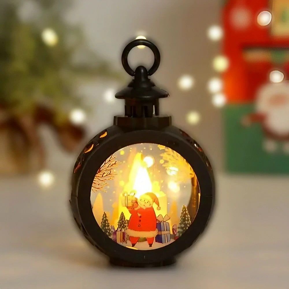 Felinar Decorativ de Craciun cu LED, Lumanare Interioara si Inscriptie Mos Craciun, Lumina Alba Calda, Baterii Incluse, Plastic si Sticla, 13.5 x 9 cm, Negru