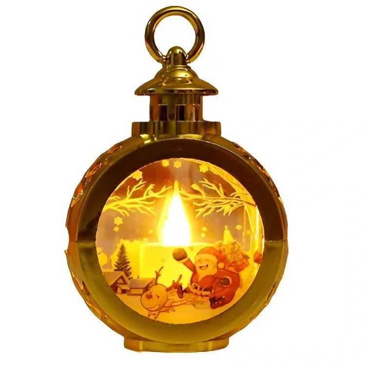 Felinar Decorativ Craciun cu LED, Lumanare si Model Mos Craciun cu Sanie, Lumina Alb Cald, Baterii Incluse, 13.5 x 9 cm, Auriu