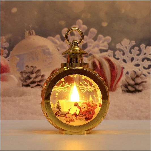 Felinar Decorativ Craciun cu LED, Lumanare si Model Mos Craciun cu Sanie, Lumina Alb Cald, Baterii Incluse, 13.5 x 9 cm, Auriu