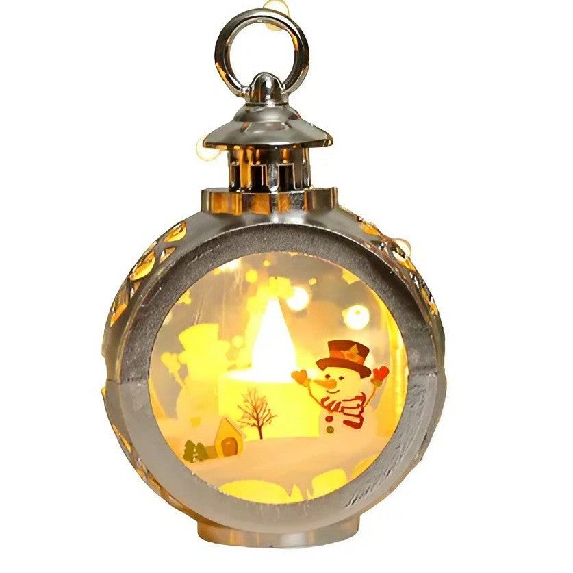 Felinar Decorativ de Craciun cu LED, Lumanare Interioara si Inscriptie Om de Zapada, Lumina Alba Calda, Baterii Incluse, Argintiu, 13.5 x 9 cm