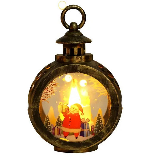 Felinar Decorativ de Craciun cu LED, Lumanare Interioara si Inscriptie Mos Craciun, Lumina Alb Cald, Baterii Incluse, Plastic si Sticla, 13.5 x 9 cm, Negru Vintage