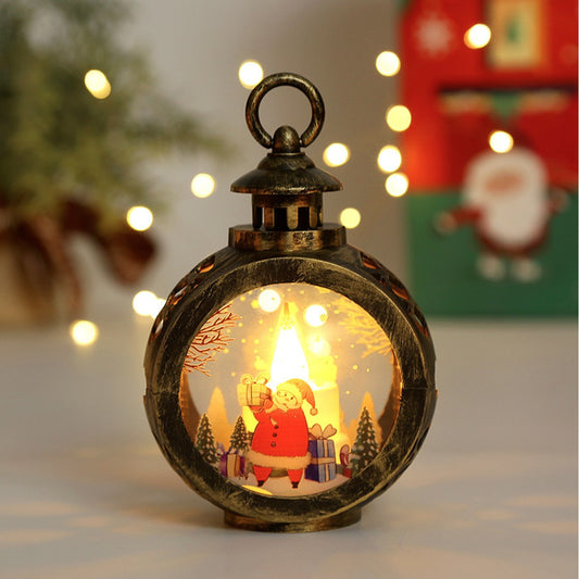 Felinar Decorativ de Craciun cu LED, Lumanare Interioara si Inscriptie Mos Craciun, Lumina Alb Cald, Baterii Incluse, Plastic si Sticla, 13.5 x 9 cm, Negru Vintage