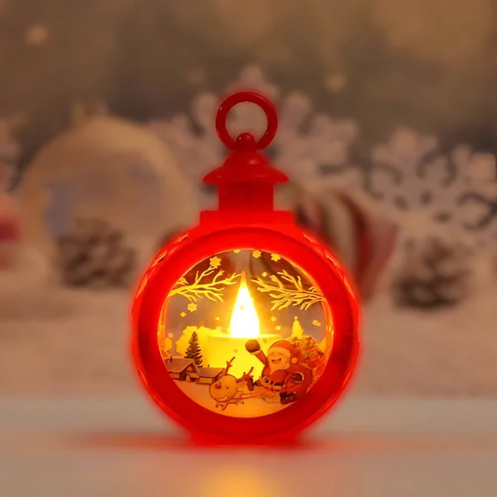 Felinar Decorativ de Craciun cu LED, Lumanare Interioara si Inscriptie Mos Craciun, Lumina Alb Cald, Baterii Incluse, Plastic si Sticla, 13.5 x 9 cm, Rosu