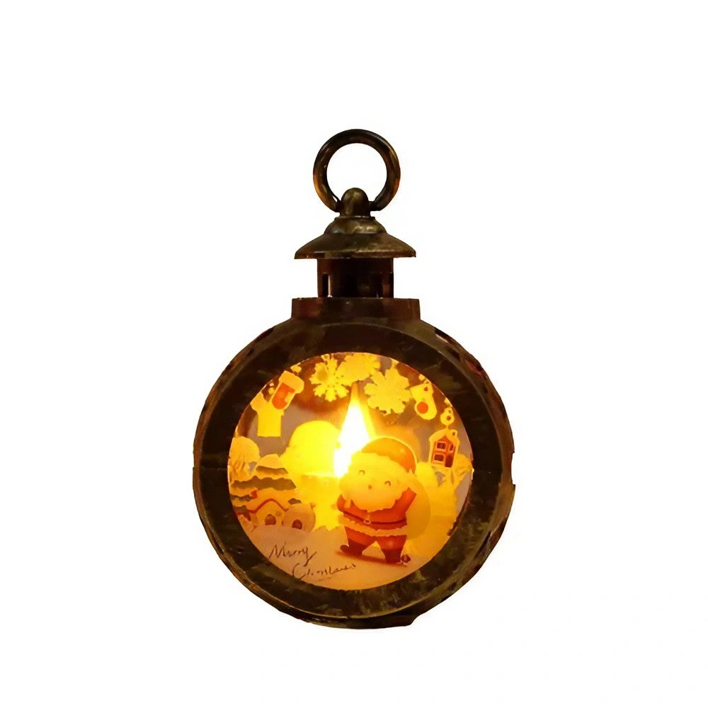 Felinar Decorativ de Craciun cu LED, Lumanare Interioara si Inscriptie Mos Craciun, Lumina Alb Cald, Plastic si Geam, 13.5 x 9 cm, Bronz Auriu, Baterii Incluse