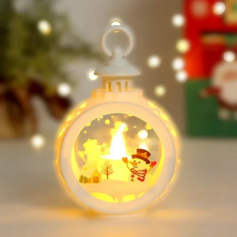 Felinar Decorativ de Craciun cu LED si Lumanare, Inscriptie Om de Zapada, Lumina Alb Cald, Baterii Incluse, 13.5 x 9 cm, Alb