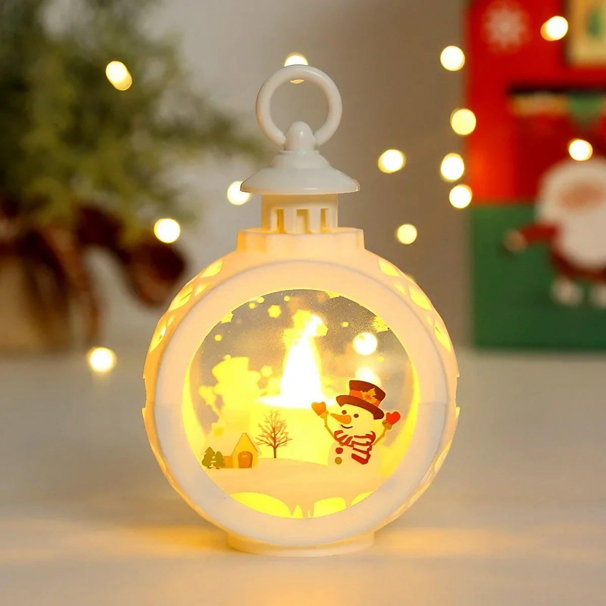 Felinar Decorativ de Craciun cu LED si Lumanare, Inscriptie Om de Zapada, Lumina Alb Cald, Baterii Incluse, 13.5 x 9 cm, Alb