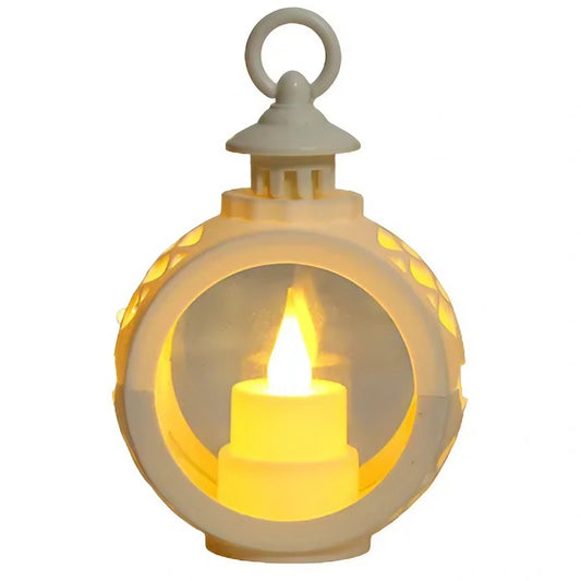 Felinar Decorativ de Craciun cu LED, Lumanare cu Lumina Alb Cald, Design Fara Geam, Baterii Incluse, Plastic, 13.5 x 9 cm, Alb
