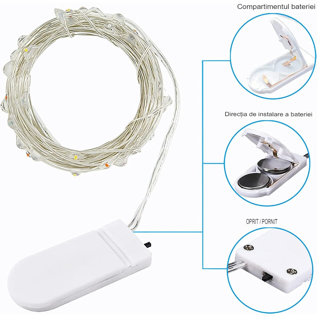 Instalatie Craciun Liniara, Sir 10 LED-uri, Rezistenta la Umezeala si Inghet, Fir Aliaj Zinc, Alimentare 2 Baterii CR2032 Incluse, Multicolor, 1 m