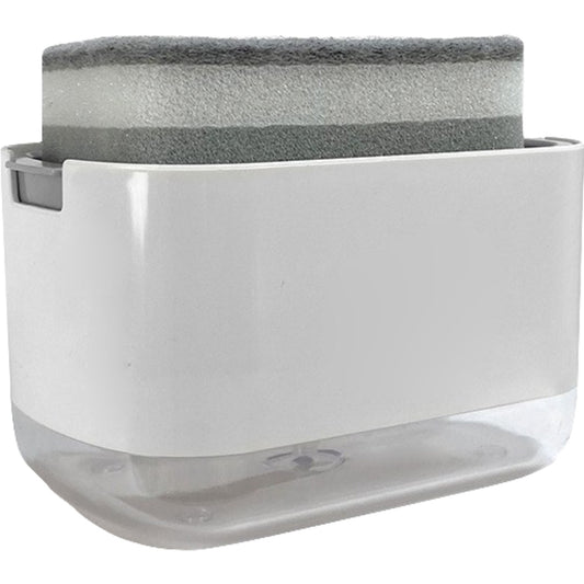 Dozator Detergent Vase 2 in 1, Dispenser cu Suport Burete si Pompa Manuala, Organizator Chiuveta Bucatarie, Material ABS, 380 ml, Argintiu/Transparent
