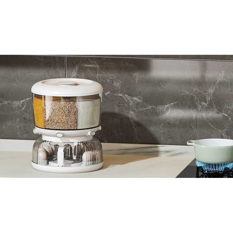 Dozator Cereale Rotativ 360 Grade, Dispenser Alimente cu 6 Compartimente Detasabile, Suport Oua si Vas Scurgere, Plastic, 10 L, 35x27.5 cm, Alb