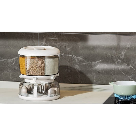 Dozator Cereale Rotativ 360 Grade, Dispenser Alimente cu 6 Compartimente Detasabile, Suport Oua si Vas Scurgere, Plastic, 10 L, 35x27.5 cm, Alb