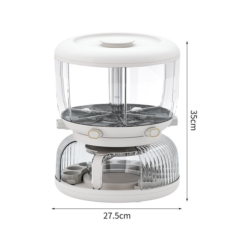 Dozator Cereale Rotativ 360 Grade, Dispenser Alimente cu 6 Compartimente Detasabile, Suport Oua si Vas Scurgere, Plastic, 10 L, 35x27.5 cm, Alb