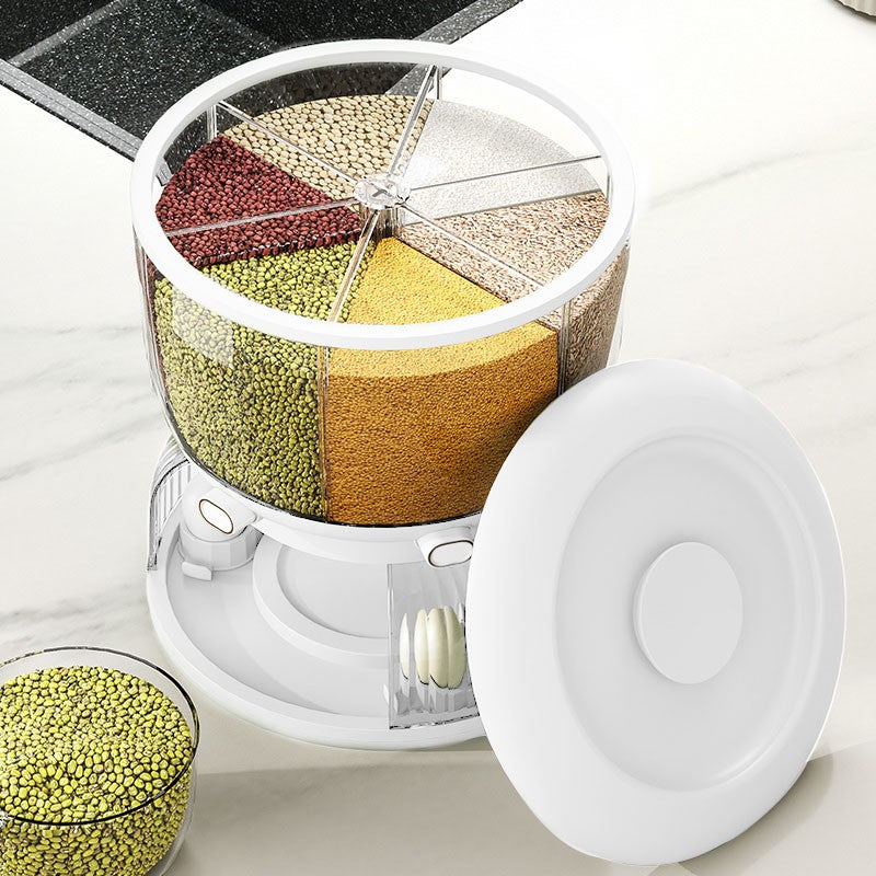 Dozator Cereale Rotativ 360 Grade, Dispenser Alimente cu 6 Compartimente Detasabile, Suport Oua si Vas Scurgere, Plastic, 10 L, 35x27.5 cm, Alb
