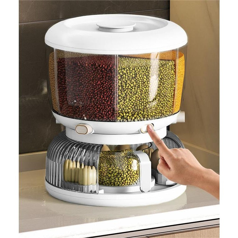 Dozator Cereale Rotativ 360 Grade, Dispenser Alimente cu 6 Compartimente Detasabile, Suport Oua si Vas Scurgere, Plastic, 10 L, 35x27.5 cm, Alb