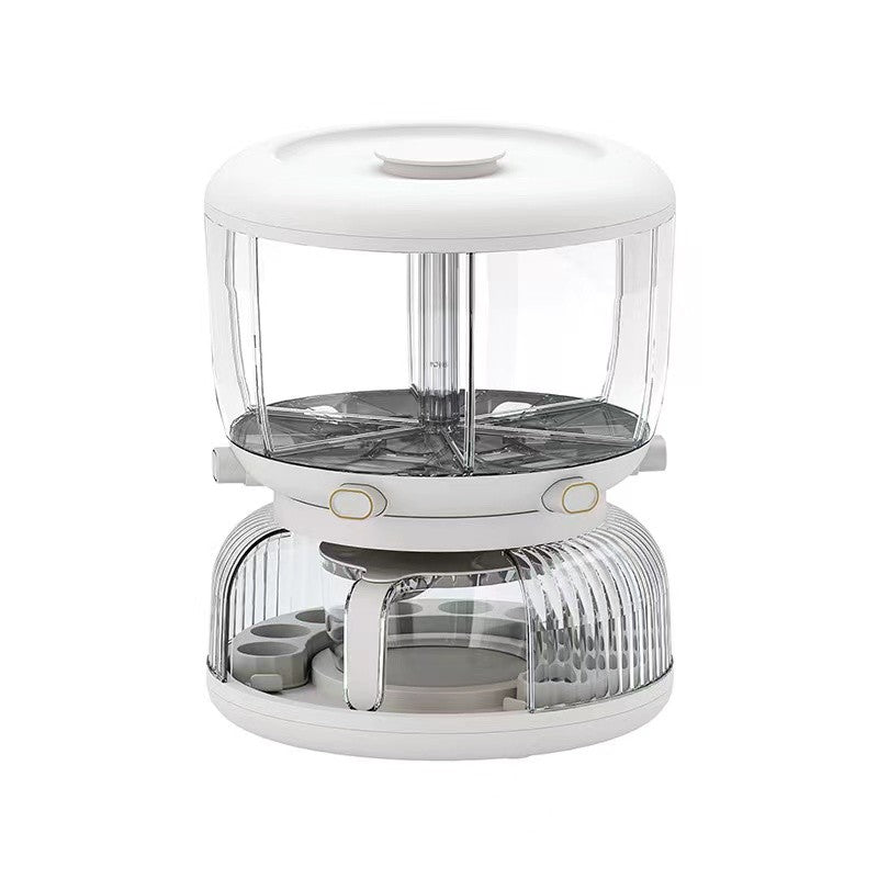 Dozator Cereale Rotativ 360 Grade, Dispenser Alimente cu 6 Compartimente Detasabile, Suport Oua si Vas Scurgere, Plastic, 10 L, 35x27.5 cm, Alb