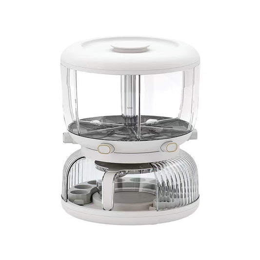 Dozator Cereale Rotativ 360 Grade, Dispenser Alimente cu 6 Compartimente Detasabile, Suport Oua si Vas Scurgere, Plastic, 10 L, 35x27.5 cm, Alb