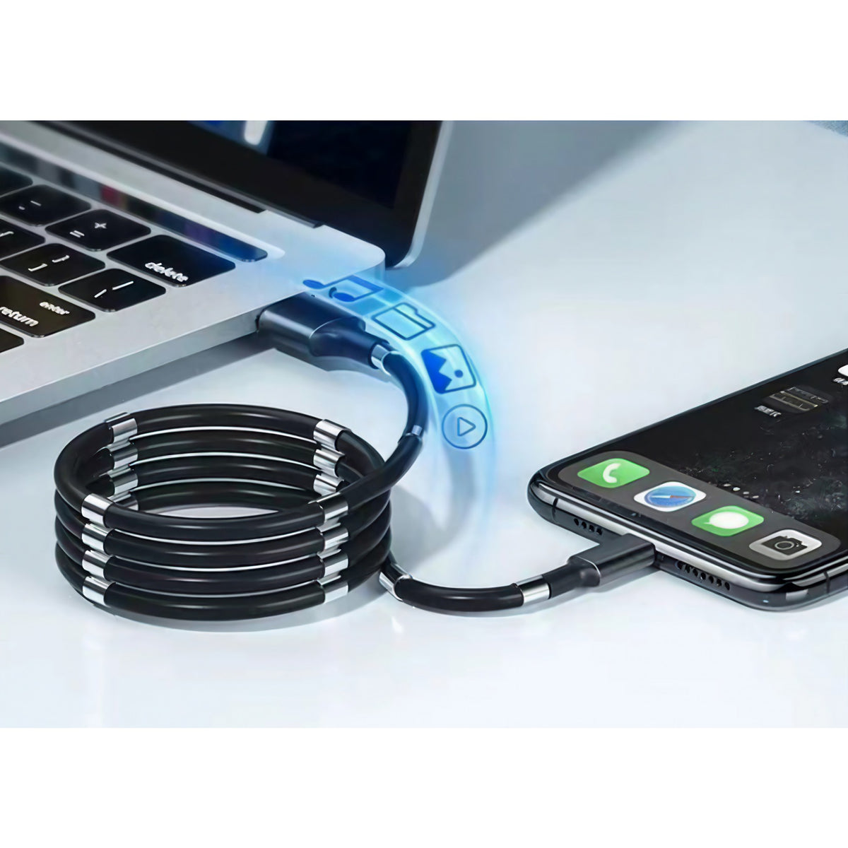 Cablu Incarcare Rapida si Date, Conector USB la Lightning pentru iPhone, Organizare cu Absorbtie Magnetica, Silicon, 1 m, Negru