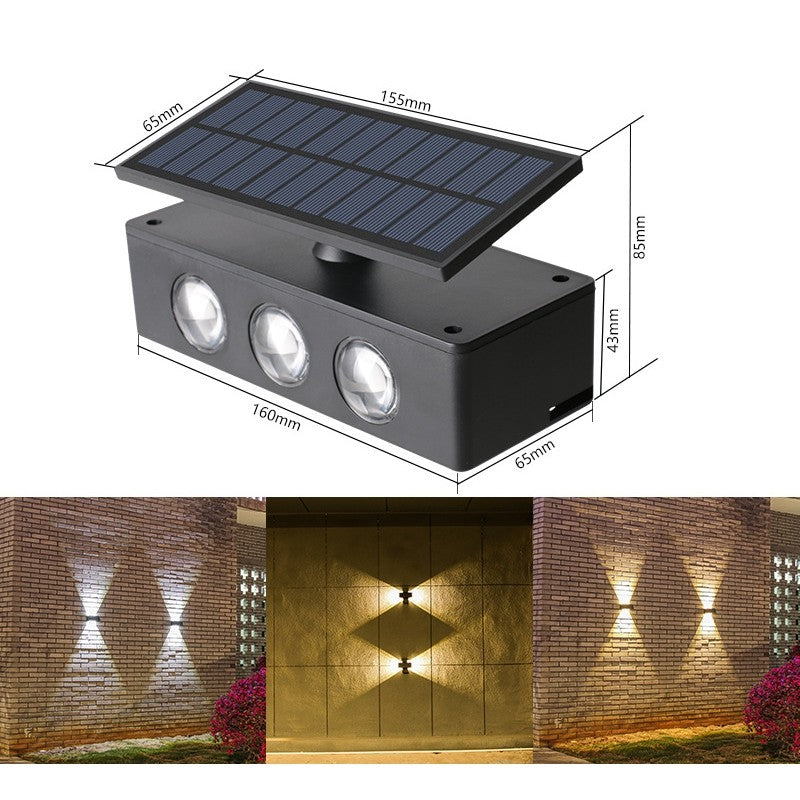 Lampa Solara LED Bidirectionala pentru Perete si Gradina, Panou Ajustabil, Lumina Selectabila Alb si Multicolor, Rezistenta la Apa IP65, Acumulator 1200mAh, Material ABS, 16 x 6.5 cm, 6 LED-uri