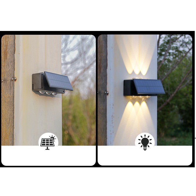 Lampa Solara LED Bidirectionala pentru Perete si Gradina, Panou Ajustabil, Lumina Selectabila Alb si Multicolor, Rezistenta la Apa IP65, Acumulator 1200mAh, Material ABS, 16 x 6.5 cm, 6 LED-uri