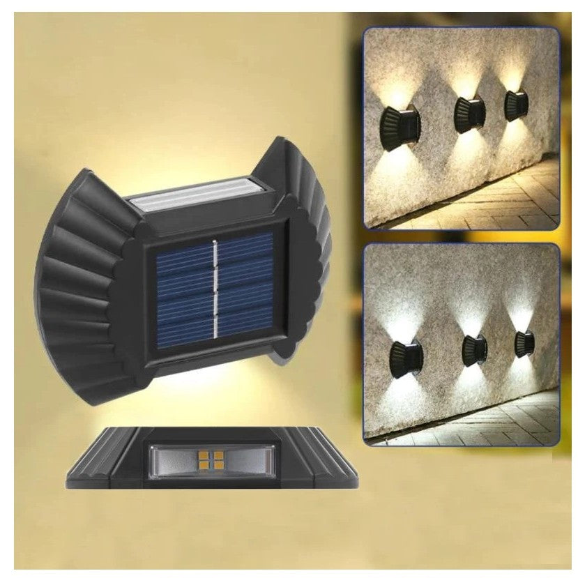 Set 4 Aplice Solare LED Bidirectionale pentru Perete, Lampi de Exterior Rezistente la Apa IP65, Forma Funda cu 8 LED-uri, Autonomie 8-12 Ore, Material ABS si PC, 10 x 7.5 cm, Alb Rece
