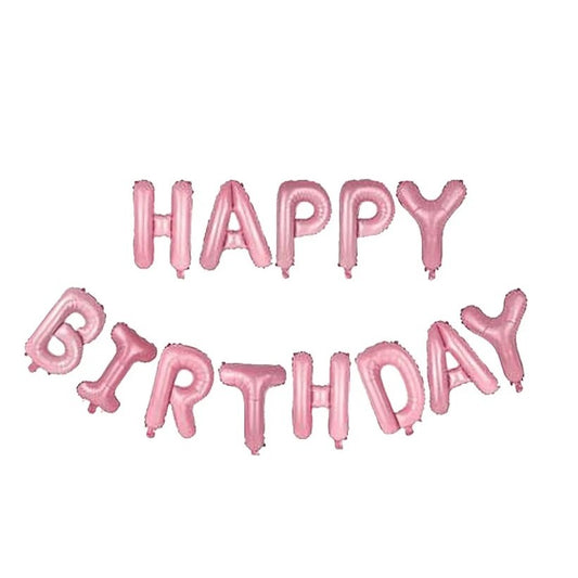 Set 13 Baloane Happy Birthday, Ghirlanda Aniversara din Folie Aluminiu, Litere Decor Petrecere, cu Pai Inclus, 40 cm, Roz Deschis