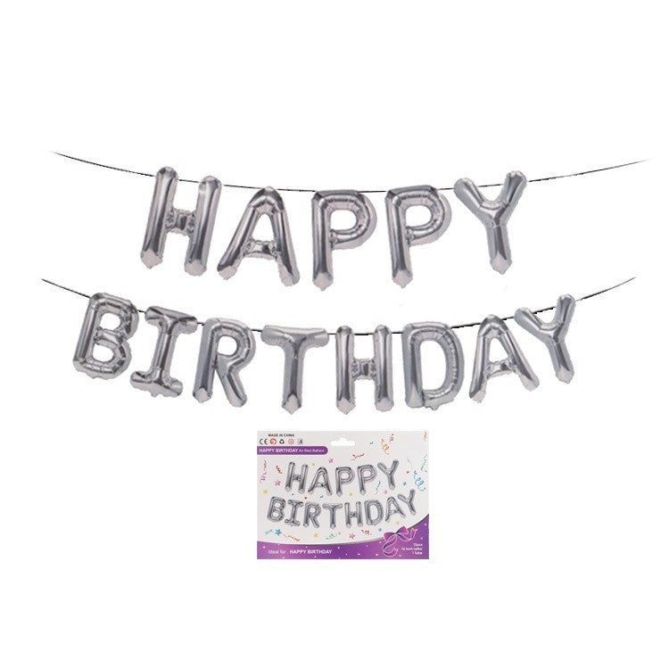 Set 13 Baloane Litere Happy Birthday, Ghirlanda Aniversara din Folie de Aluminiu, Umflare Aer sau Heliu, Include Pai, 40 cm, Argintiu